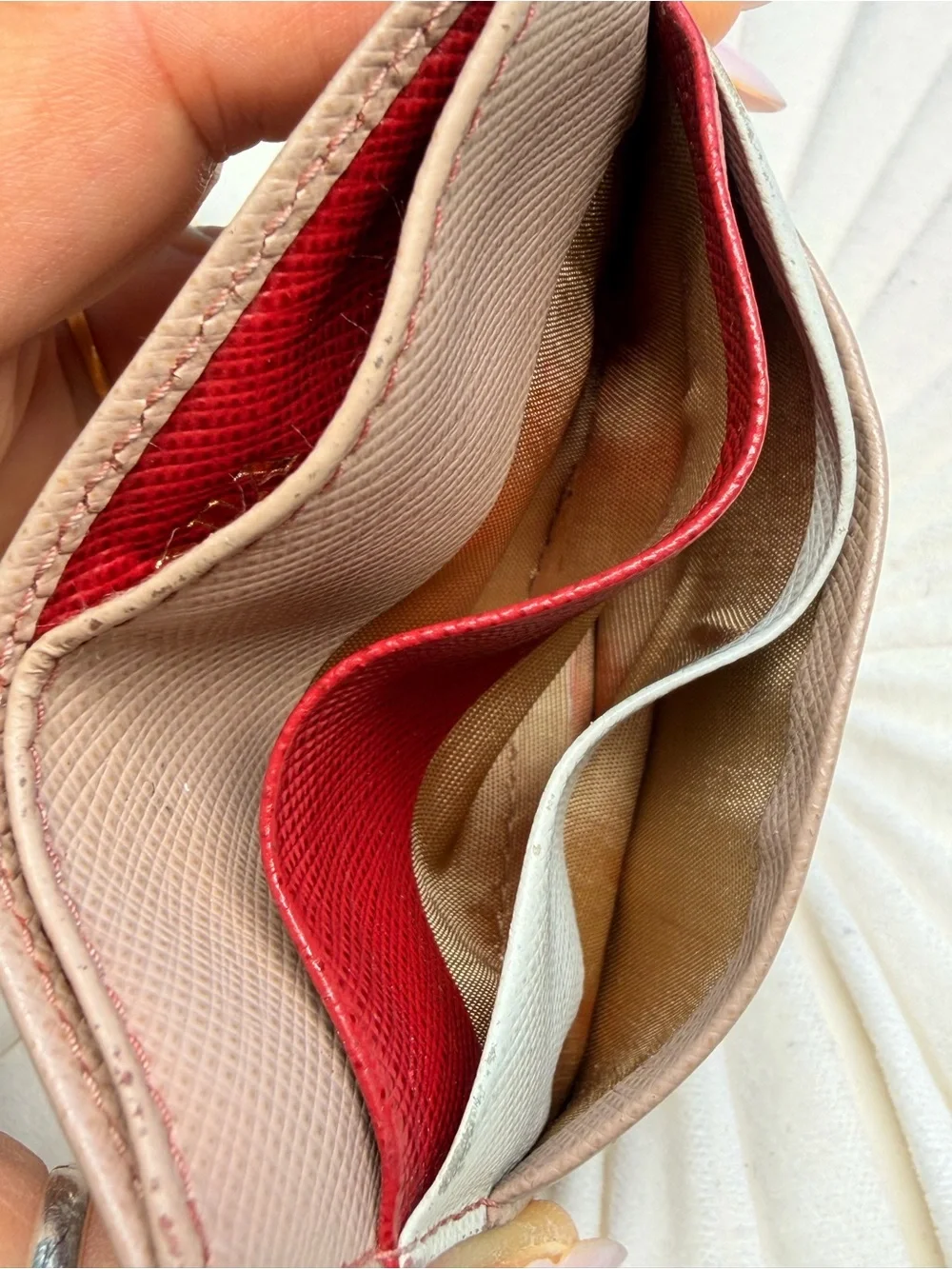 Prada Saffiano Leather Card Holder in Taupe with Red and Cream Accents